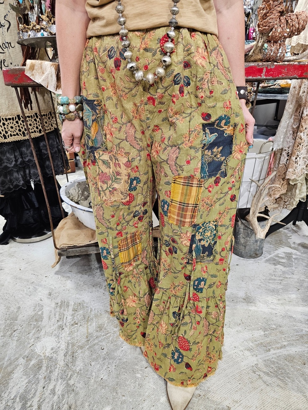 A Rare Bird Boho REVERSIBLE Strawberry Fields Patchwork Wide-Leg Pants - Picture 2 of 5
